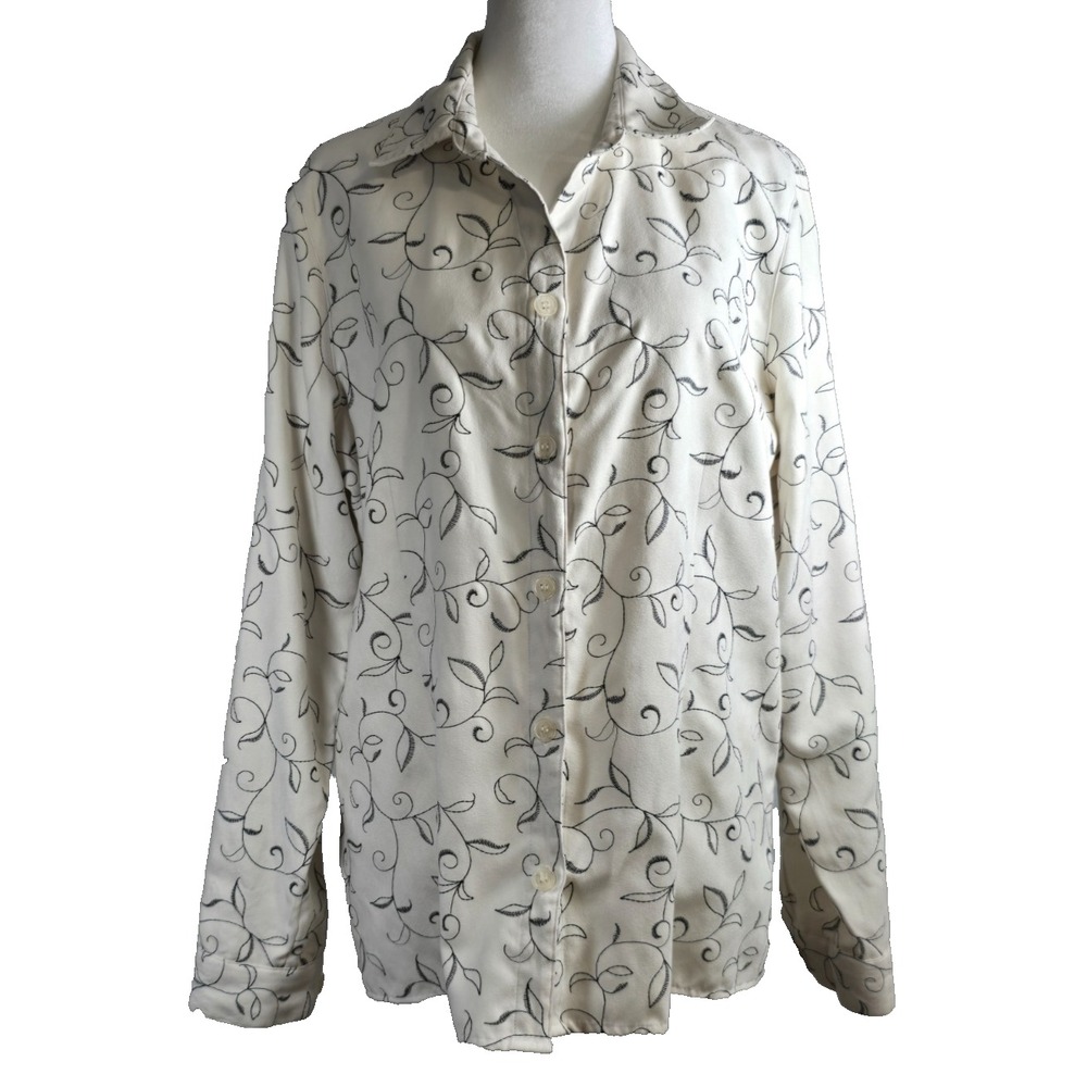 Sag Harbor Womens Shirt Size L Ivory Floral Long Sleeve Collared Button-Up